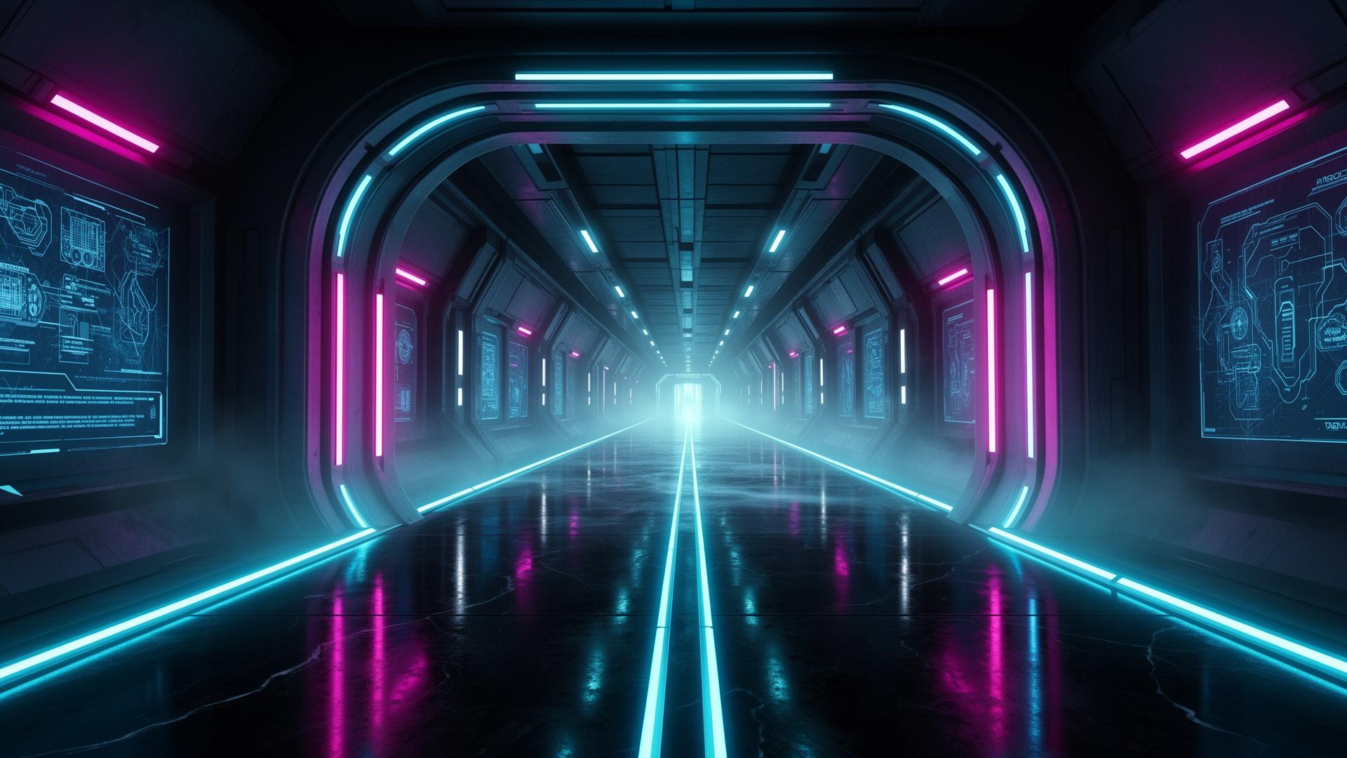 A deep cyan and electric blue high-tech underground corridor lit by neon strips