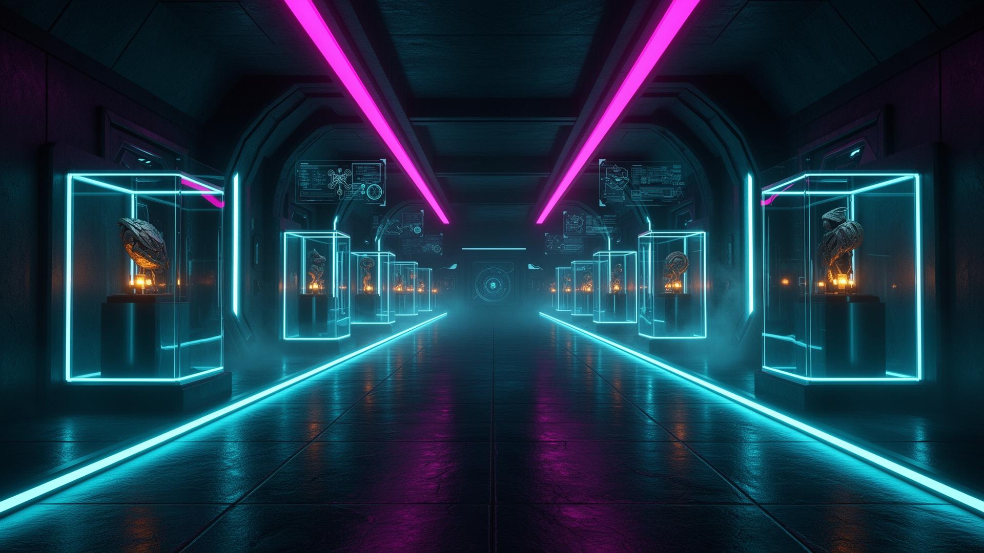 An underground vault with cyan and magenta neon strips and glass display plinths