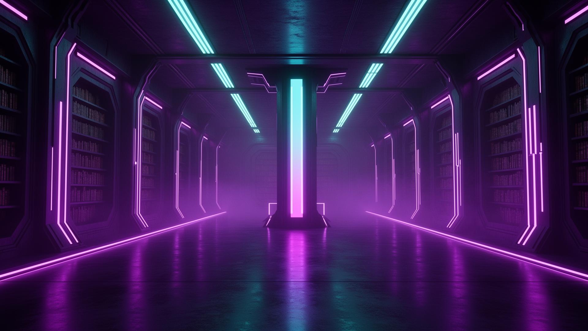 A violet-lit underground chamber with neon conduits and a central pillar